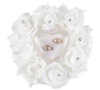 GORGECRAFT Wedding Ring Pillow White Heart Shaped Ring Box Bearer Cushion with Satin Rose Flowers Decorative Diamonds Jewelry Case Holder for Wedding Ceremony Proposal Anniversary 16.2x16.2cm