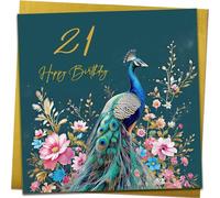 Gorgeous 21st Birthday Card | Beautiful Floral Peacock Birthday Card With Metallic Gold Envelope