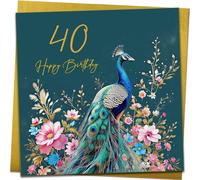 Gorgeous 40th Birthday Card | Beautiful Floral Peacock Birthday Card With Metallic Gold Envelope