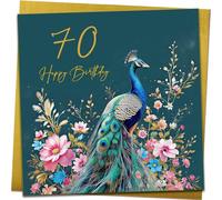 Gorgeous 70th Birthday Card | Beautiful Floral Peacock Birthday Card With Metallic Gold Envelope