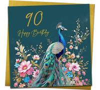 Gorgeous 90th Birthday Card | Beautiful Floral Peacock Birthday Card With Metallic Gold Envelope