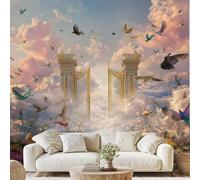 Gorgeous European Carved Door Self Adhesive Wallpaper Surreal Cloud Colorful Birds Wall Stickers 350x256 cm Lake Duck Floral Photo Wallpaper Non-Woven Murals for Bedroom Living Room Wall Decal Wf34g