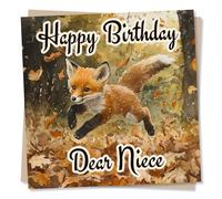 Gorgeous Fox Happy Birthday Card For Niece - Fox, Forest, Autumn Leaves, Nature Lover - Greetings Wish From Aunt, Auntie, Uncle