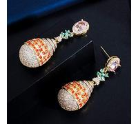 Gorgeous Luxury Light Red Cubic Zirconia Stone Round Dangle Drop Long Leaf Earrings For Wedding Bridal Jewelry