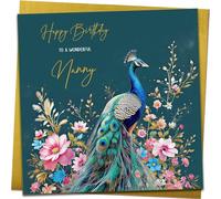 Gorgeous Nanny Birthday Card | Beautiful Floral Peacock Birthday Card With Metallic Gold Envelope