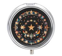 Gorgeous Stars and Moon Pill Box - 3 Compartment Travel Pill Organizer with Small Mirror, Portable Pillcase for Pocket & Purse, Cute Round Medicine Case, Weekly Medicine Container