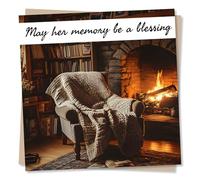 Gorgeous Sympathy Card For Loss of Loved One - Arm Chair, Fireplace, Warmth, Cosiness - May Her Memory Be A Blessing - For Bestie, Friend, Relative