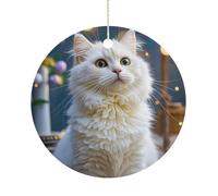 Gorgeous White Cat Double-Sided Ceramic Christmas Ornaments - Round Hanging Mini Xmas Tree Decorations, Ideas for Farmers, Rustic Home Decor for Indoor Outdoor Tree Decor