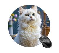 Gorgeous White Cat Mouse Pad, Rubber Base & Smooth Cloth Surface, Portable Round Mouse Pad, Rubber Mousepad for Office Home Gaming Laptop Men Women 7.8In