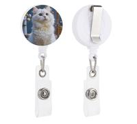 Gorgeous White Cat Retractable Badge Reel - Personalized ID Name Badge Holder with Lanyard Cute Badges Reel Holder Round Nurse Doctor Name Tag Badges Clip for Work