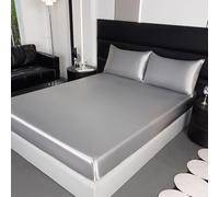Gorger Hypoallergenic Silk Pillowcase, Anti-Acne Bedding Set, Luxury Cooling Pillow Covers, Full Coverage Fitted Sheet with 2 Pillowcases, Soft Ice Silk Fabric, Breathable Bedspread (Silver,152x203cm)