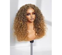 GORGIUS Ombre Brown Glueless Curly Front Wig Pre Cut Middle Stripe Closure Synthetic Wig with Blonde Highlights Mixed with Dark Brown Enhanced Fiber