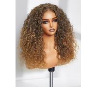 GORGIUS Ombre Brown Glueless Curly Front Wig Pre Cut Middle Stripe Closure Synthetic Wig with Blonde Highlights Mixed with Dark Brown Enhanced Fiber