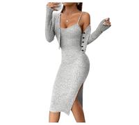 GORGLITTER 2 Piece Outfits Women Ribbed Knit Co Ord Sets Long Sleeve Button Crop Cardigan and Bodycon Slit Midi Cami Dress Set Light Grey Medium