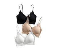 GORGLITTER 3 Packs Wireless Jelly Bras for Women UK Seamless Scalloped Padded Comfy Everyday Bralettes with Adjustable Straps Black Beige White Small