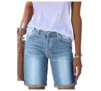 GORGLITTER Bermuda Denim Shorts for Women High Waisted Knee Length Straight Leg Turn Up Casual Jeans Shorts Light Wash Medium