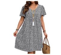 GORGLITTER Boho Floral Dresses for Women UK V Neck Plus Size Flounce Sleeve Knee Length Flowy Beach Summer Dress Black 3X-Large Plus