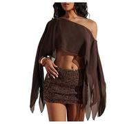 GORGLITTER Chiffon Off The Shoulder Tops for Women Asymmetrical Layer Hem Crop T Shirts Sexy Beach Poncho Cape Top Coffee Brown X-Large