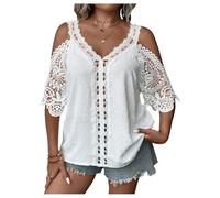 GORGLITTER Cold Shoulder Tops for Women UK Plus Size Swiss Dots Guipure Lace Hollow Half Sleeve Boho Blouses Shirts White 3X-Large Plus