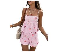 GORGLITTER Coord Sets for Women UK Gingham Cherry Print Bow Tie Backless Flared Cami Top Shorts Set 2 Pieces Travel Outfit Pink Medium