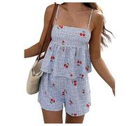 GORGLITTER Coord Sets for Women UK Gingham Cherry Print Bow Tie Backless Flared Cami Top Shorts Set 2 Pieces Travel Outfit Blue Small
