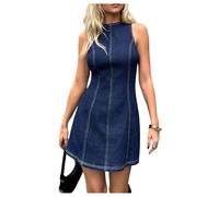 GORGLITTER Denim Dresses for Women Sleeveless Crewneck A Line Flared Mini Tank Sundress Summer Trendy Going Out Dress with Zipped Back Blue Small