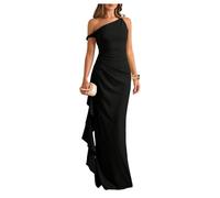 GORGLITTER Evening Dresses for Women UK Off Shoulder Twist Strap Sleeveless Ruffled Slit Maxi Wedding Bridesmaid Dress Black X-Small