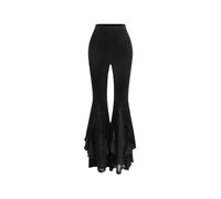 GORGLITTER Flared Trousers Women Velvet Contrast Lace Ruffle Trim High Elastic Waist Bootcut Retro Pants Black Medium