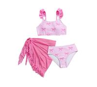 GORGLITTER Girl's 2 Piece Summer Swimwear Striped Bow Print Ruffle Bikini Sets with Cover Up Sarong Swimsuit Age 8-12 Pink 11Y