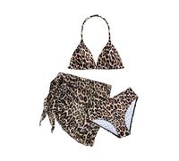 GORGLITTER Girls Bikini 3 Piece Floral Triangle Hipster Bikini Sets with Coverup Sarong Swimwear Set 8-12 Years Brown Leopard 9Y