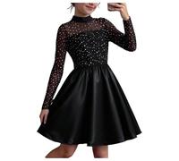 GORGLITTER Girls Sequin Elegant Princess Party Dresses Mesh Long Sleeve Mock Neck A Line Skater Short Dress 8-12 Years Black 11Y