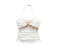 GORGLITTER Girl's Starfish Decor Halter Neck Top Textured Backless Cropped Top Summer Vacation Outfits Age 8-12 Years White 9Y