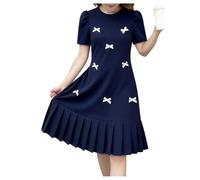 GORGLITTER Girl's Summer Party Dresses Bow Crewneck Puff Short Sleeve A Line Pleated Short Special Occasion Dress Age 8-12 Years Royal Blue 11Y