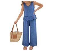 GORGLITTER Girl's Vacation Outfits Hollow Scalloped Bow Back V Neck Vest Wide Leg Trousers Sets 2 Piece Loungewear aged 8-12 Blue 8 Years