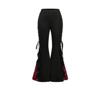 GORGLITTER Goth Retro Flared Trousers Women High Waist Ruffle Trim Contrast Lace Tie Side Colorblock Rave Pants Black Small