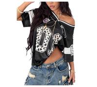 GORGLITTER Jersey Tops for Women Leopard Print Number Graphic V Neck Short Sleeve Oversized Y2k Tee Shirts Black Medium