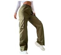 GORGLITTER Ladies Cargo Pants High Elastic Waist Flap Pocket Plain Cargo Pants Wide Leg Work Long Trouser Army Green Medium