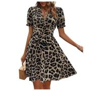 GORGLITTER Leopard Print Dresses for Women UK V Neck Puff Short Sleeve Smocked Flared Flowy Mini Elegant Dress Black Large