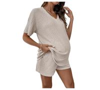 GORGLITTER Maternity Tracksuit Womens Full Set Rib Knit V Neck Short Sleeve Top Adjustable Waist Shorts 2 Piece Lounge Sets Apricot Small