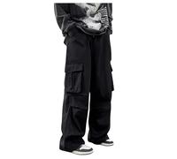 GORGLITTER Men's Cargo Workout Trousers Drawstring Elastic Waist Multi Pocket Loose Casual Pants Plain Black Large