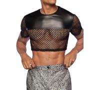 GORGLITTER Men's Fishnet Crop Tops Short Sleeve Mesh T-Shirt See Through Party Nightwear Sheer PU Leather Block Shirt Sheer Black XX-Large