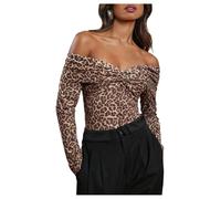 GORGLITTER Off The Shoulder Bodysuits for Women Uk Leopard Print Twist Front Long Sleeve Tee Top Elegant Leotards Khaki Small