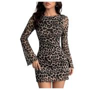 GORGLITTER Petite Dresses for Women UK Leopard Print Boat Neck Bell Long Sleeve Mesh Mini Clubwear Dress Brown Small