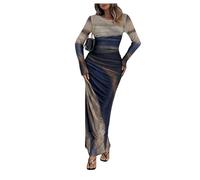 GORGLITTER Petite Dresses for Women UK Tie Dye Crewneck Long Sleeve Ruched Bodycon Long Wedding Guest Dress Royal Blue Small