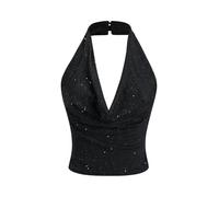 GORGLITTER Sequin Glittery Tops for Women UK Draped V Neck Fitted Halter Crop Top Night Out Party Outfit Black X-Small