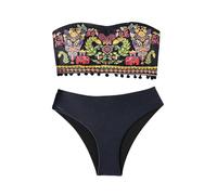 GORGLITTER Strapless Bikini Sets for Women UK Floral Graphic Bandeau Top Swimsuits 2 Piece Boho Swimwear Black Small