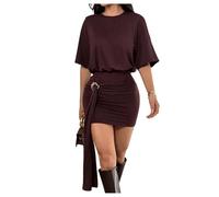 GORGLITTER Summer Mini Dresses for Women UK Short Sleeve Metal Ring Ruched Bodycon Going Out Dress Brown Medium