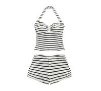 GORGLITTER Tracksuit Womens Full Set Striped Knit Halter Neck Crop Top and Mini Shorts 2 Piece Travel Holiday Outfit Going Out Summer Coord Sets Black and White Large