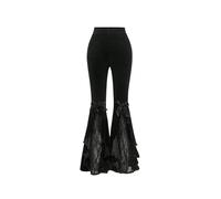 GORGLITTER Velvet Flared Trousers Women Contrast Lace High Waisted Bow Front Ruffled Skinny Goth Pants Black Large