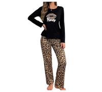 GORGLITTER Women's 2 Piece Leopard Print Pyjama Sets Graphic Crewneck Long Sleeve Top and Long Pants Pj Set Lounge Wear Brown X-Large